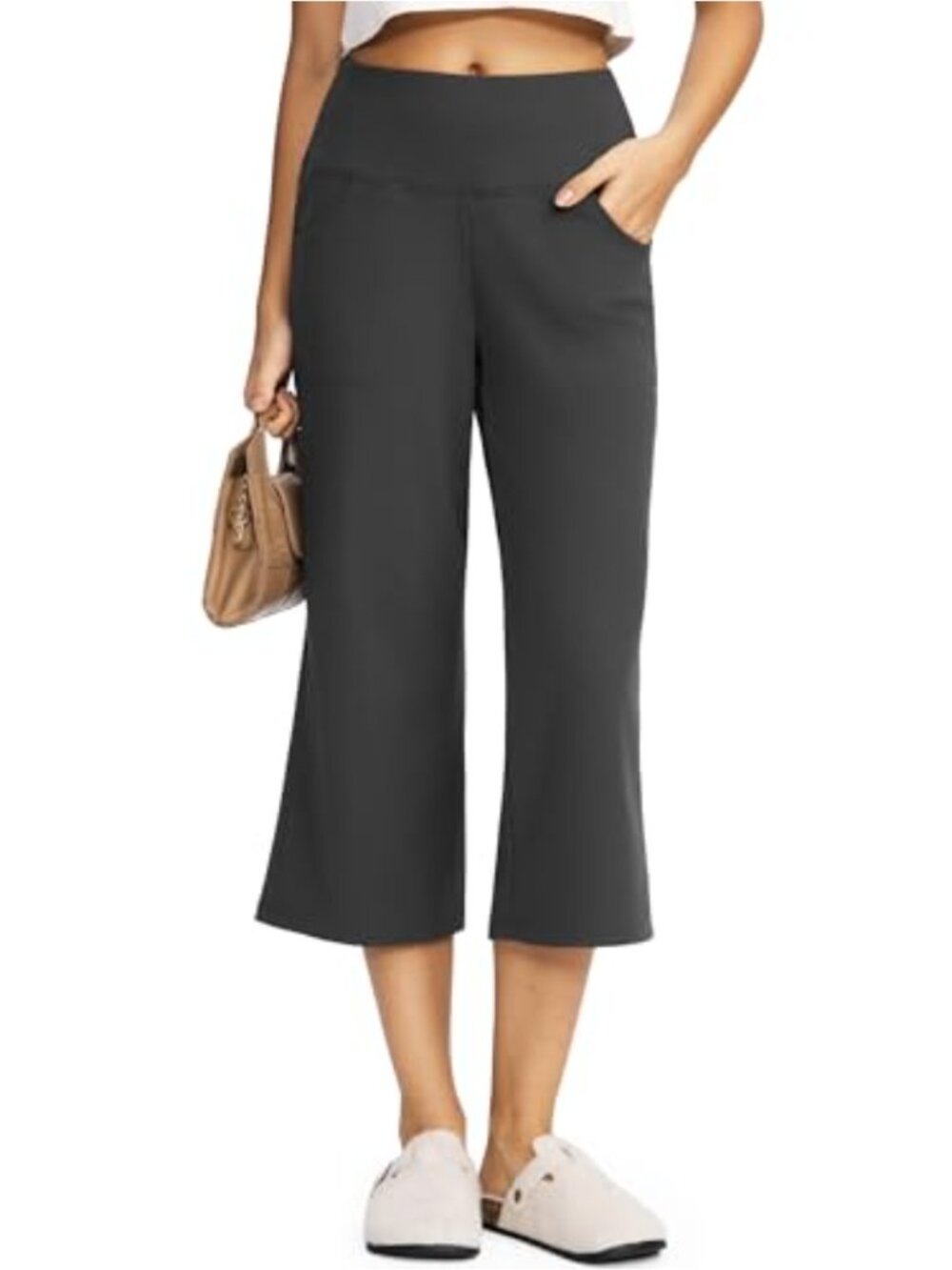 High Waist Wide Leg Yoga Capri Pants with Pockets